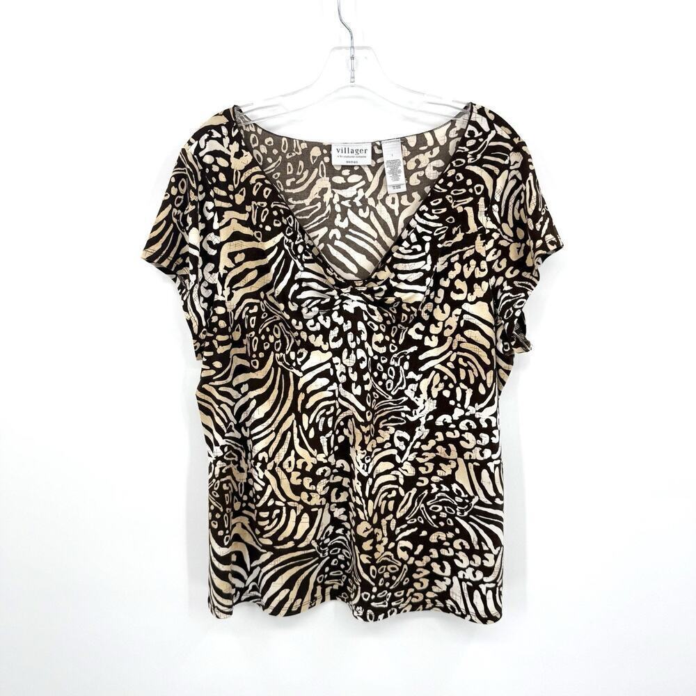 Liz Claiborne 1X Stretch Blouse V-Neck Short Sleeve Animal Print Career Top